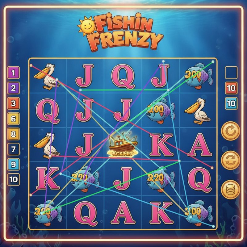Fishin Frenzy gameplay showing coloured paylines across the 5x3 grid with boat scatter symbol