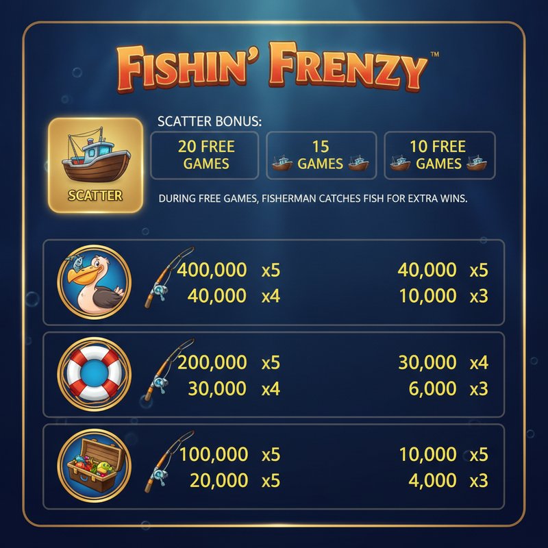 Fishin Frenzy paytable showing pelican, fishing rod, life preserver and tackle box payouts